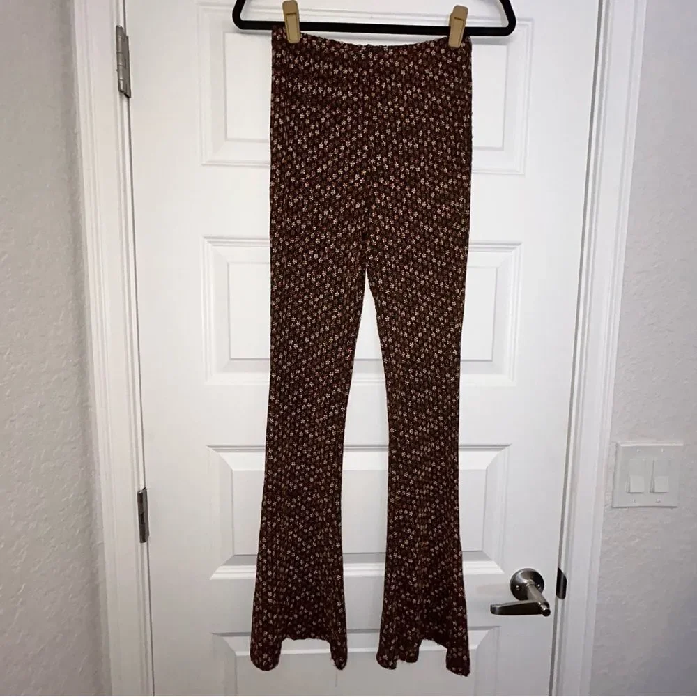 Free People Metallic Floral Embroidered Flare Pull On Pants